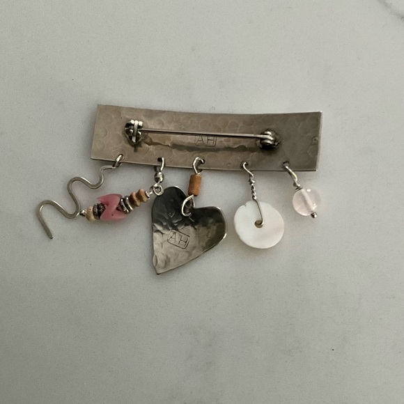 Sterling Silver Rectangle Brooch Pin w/Drop beads and Heart Stamped AH - Picture 2 of 4
